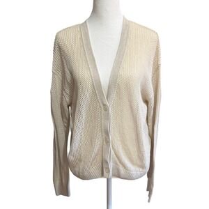 Uniqlo Womens Mesh Crochet Cotton Cardigan Cream Beige V-Neck LARGE Boho Resort